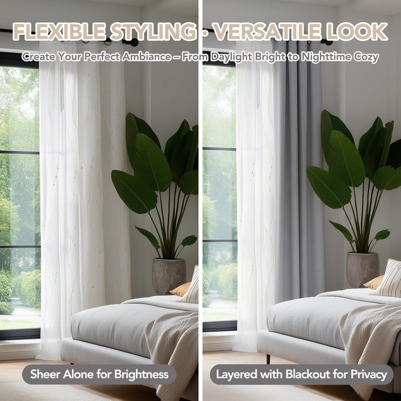 Deconovo Oeko-TEX Certified Sheer Foil Print Curtains – 2 Panels, Grommet Top – Elegant Light-Filtering Drapes for Living Room & Bedroom, Airy Privacy & Easy Care White & Gold Silver 52W x 96L Inch - Image 3